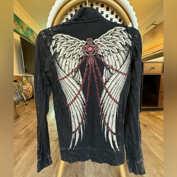 Vintage Y2K Affliction + Sinful Black Women's Graphic Zip Up Jacket Size Small - Picture 2 of 6